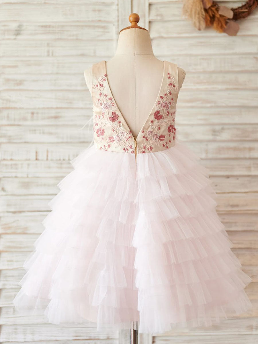 Ball-Gown/Princess Satin Tulle Knee-length Pink Flower Girl Dress