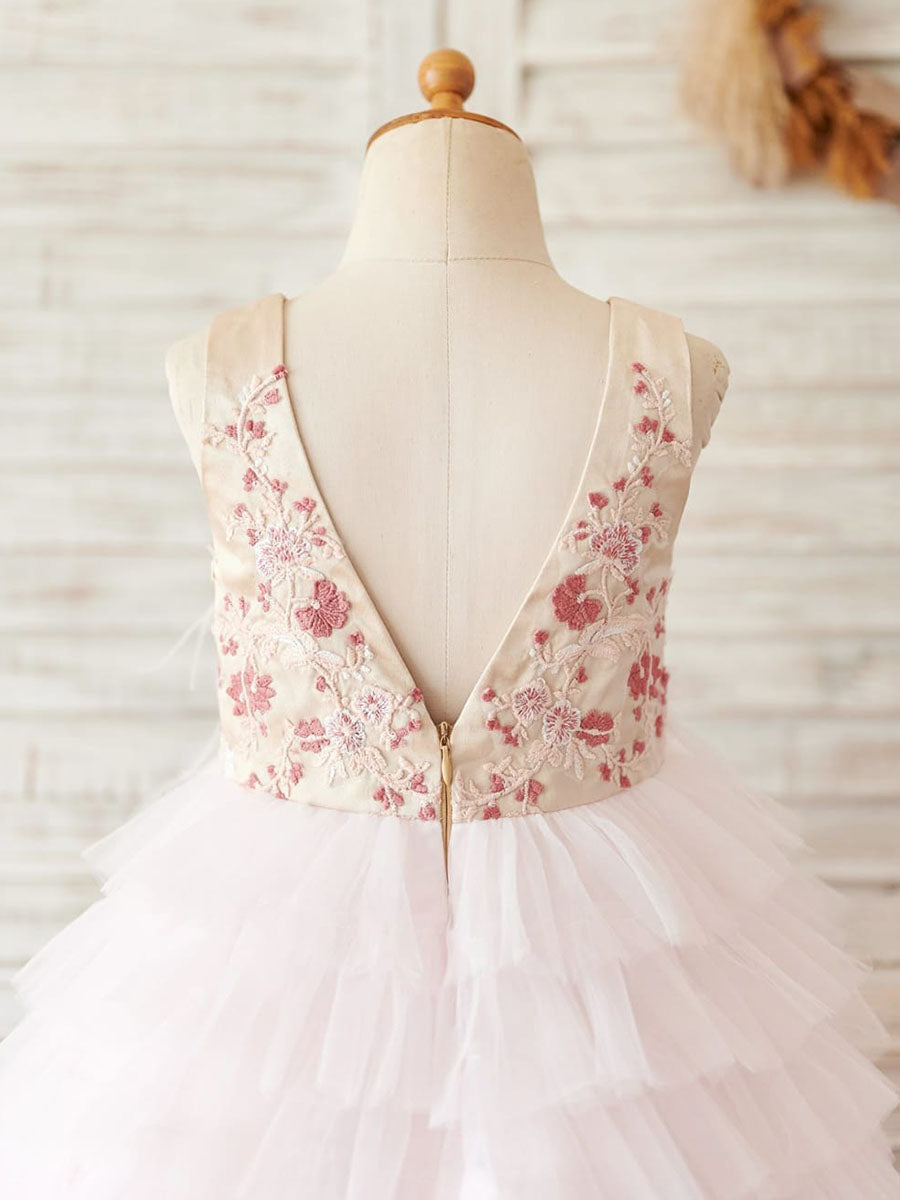 Ball-Gown/Princess Satin Tulle Knee-length Pink Flower Girl Dress