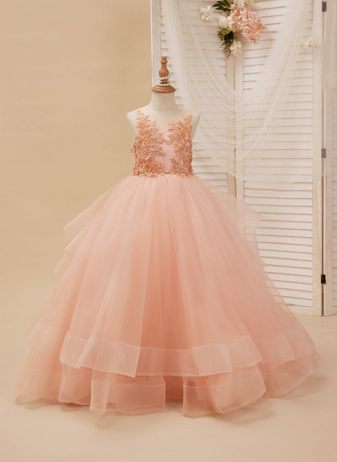 Ball-Gown/Princess Tulle Sweep Train Pink Flower Girl Dress