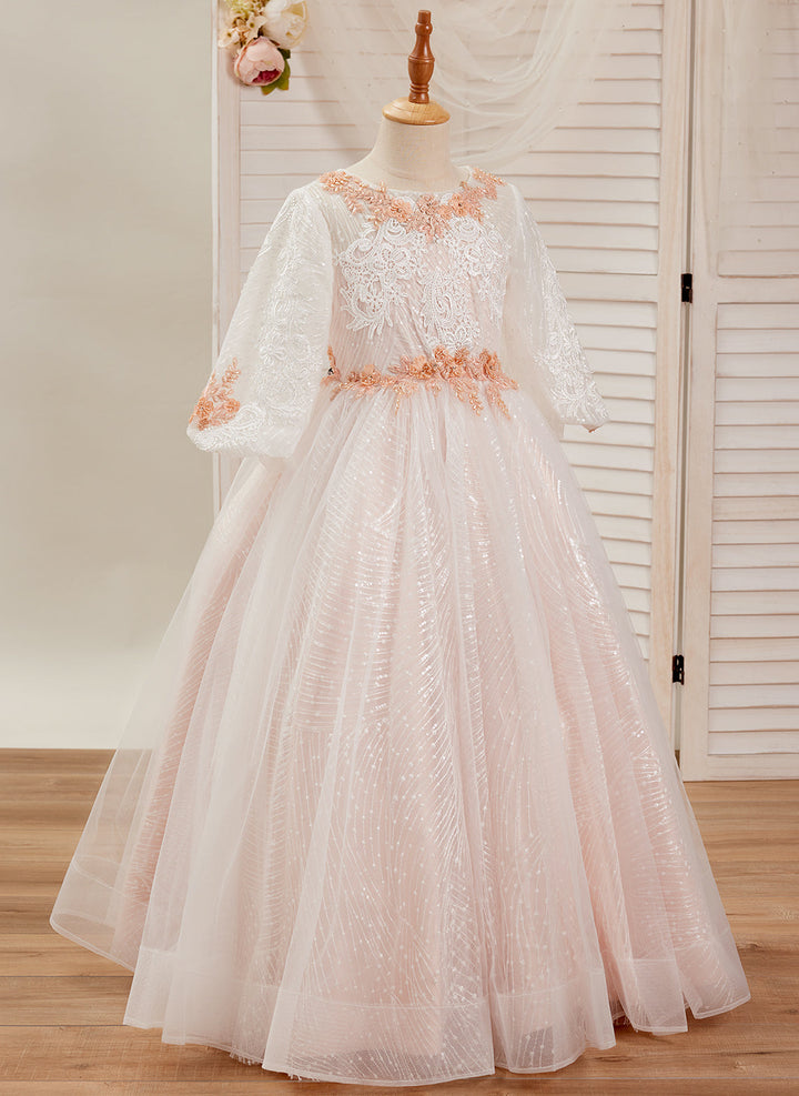 Ball-Gown/Princess Lace Tulle Floor-length Pink Dress