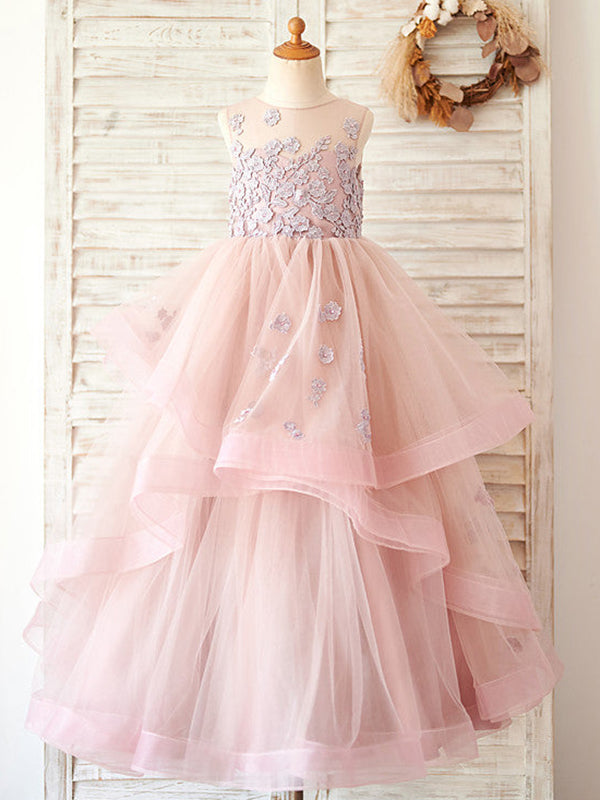 A-line Tulle Floor-length Pink Flower Girl Dress