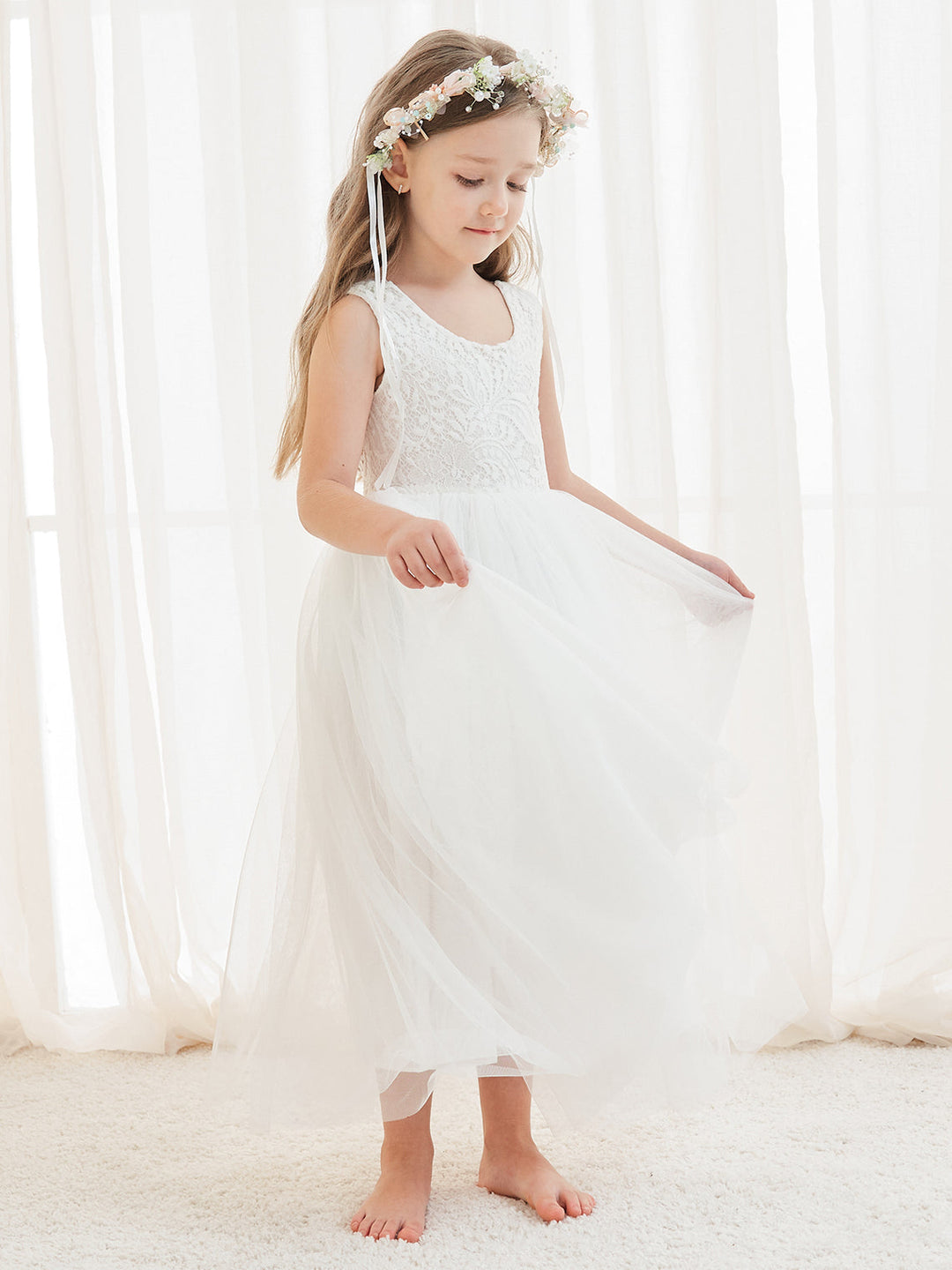 A-line Lace Tulle Ankle-length White Dress