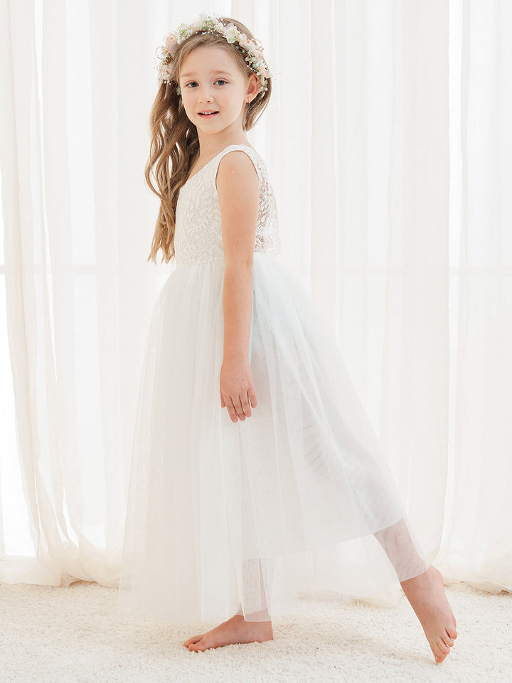 A-line Lace Tulle Ankle-length White Dress