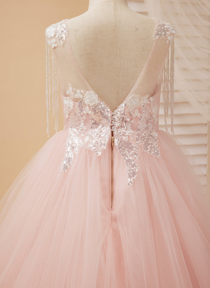 Ball-Gown/Princess Satin Tulle Floor-length Pink Flower Girl Dress