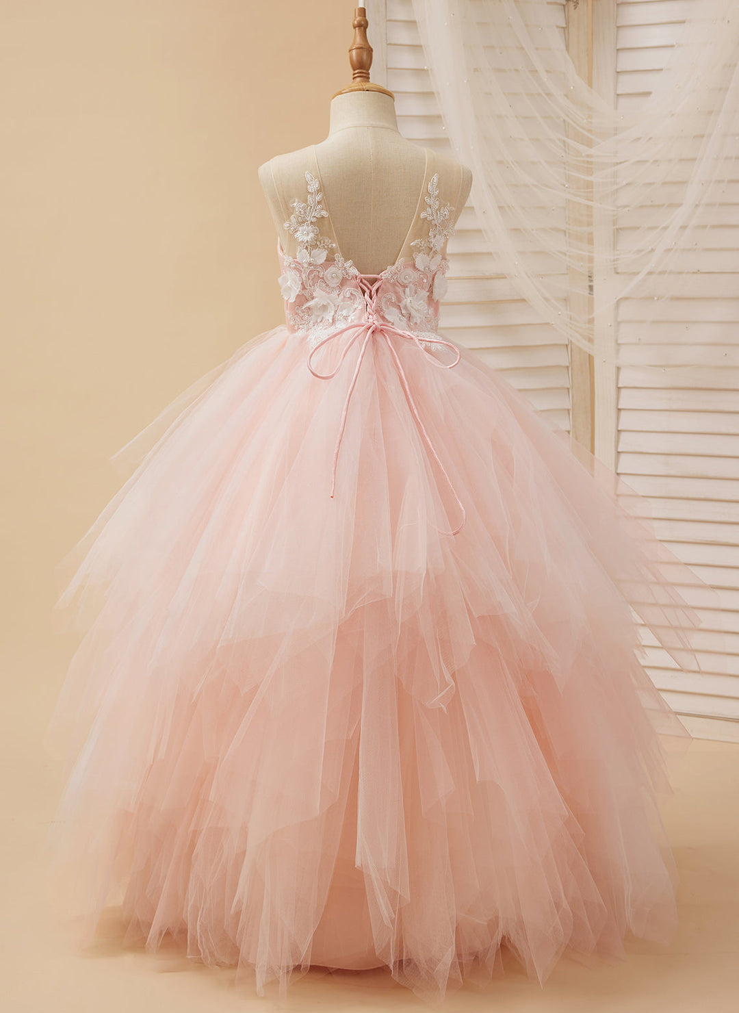 Ball-Gown/Princess Lace Tulle Floor-length Pink Dress