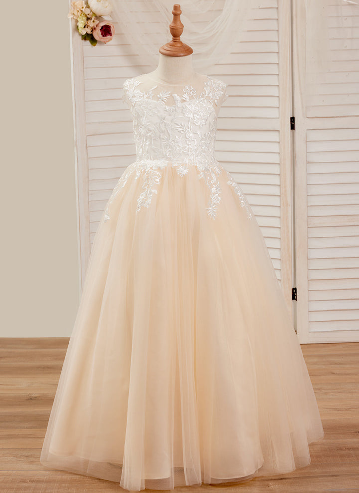 A-line Lace Tulle Floor-length Pink Dress