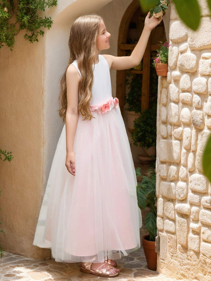 A-line 3D Flower Satin Tulle Ankle-length  Flower Girl Dress