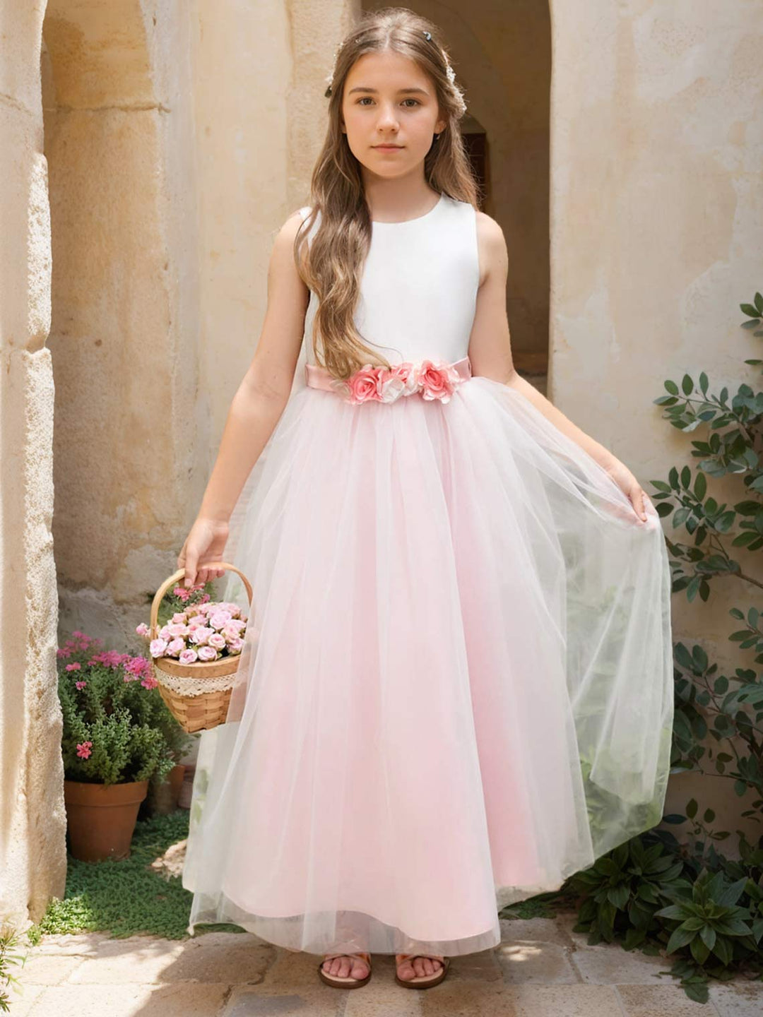 A-line 3D Flower Satin Tulle Ankle-length  Flower Girl Dress