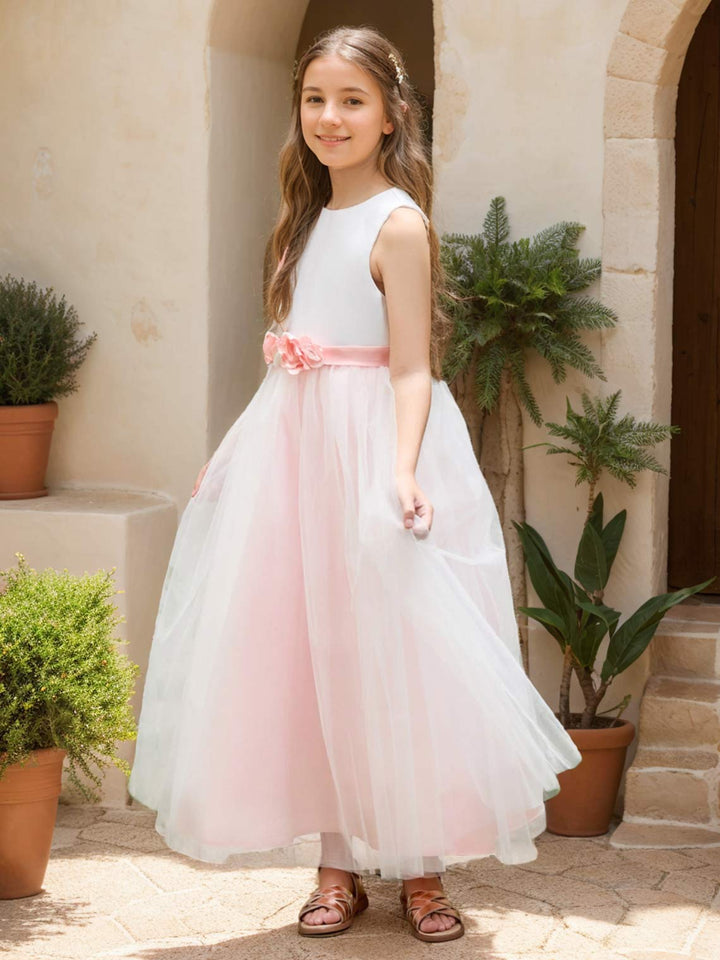 A-line 3D Flower Satin Tulle Ankle-length  Flower Girl Dress