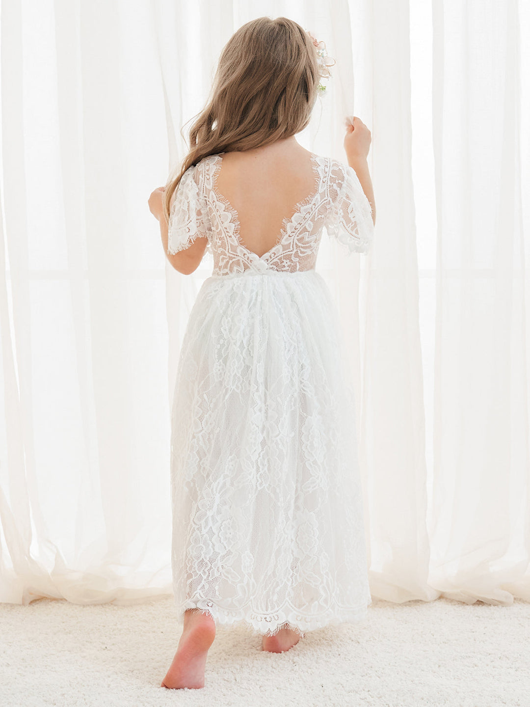 A-line Lace Ankle-length Ivory Boho Flower Girl Dress