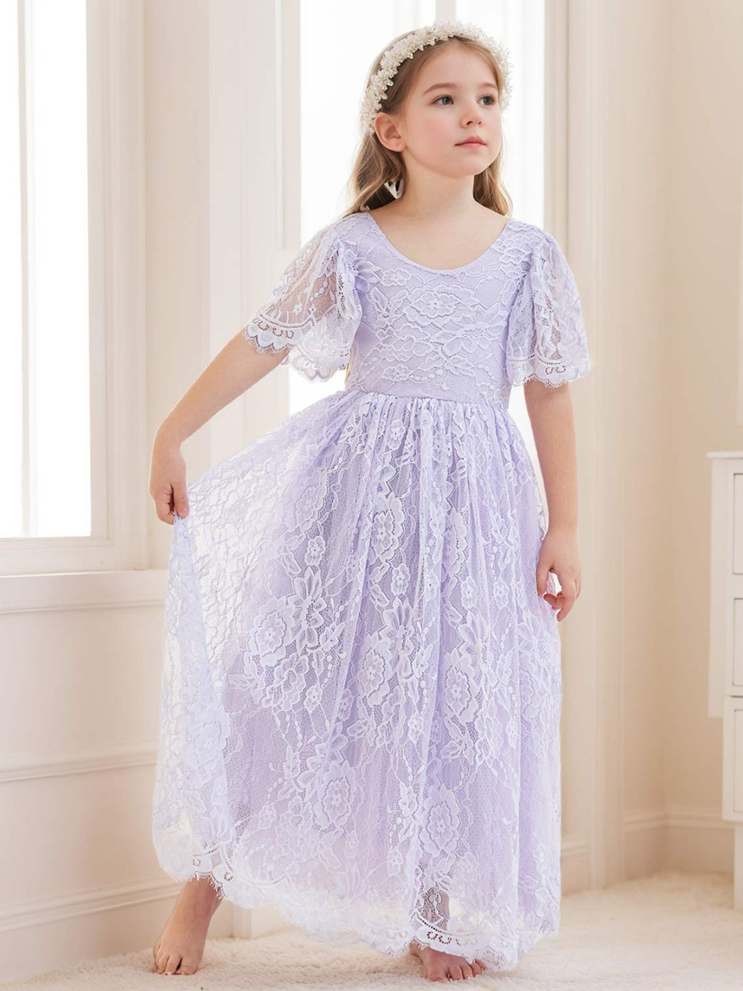 A-line Lace Ankle-length Ivory Boho Flower Girl Dress