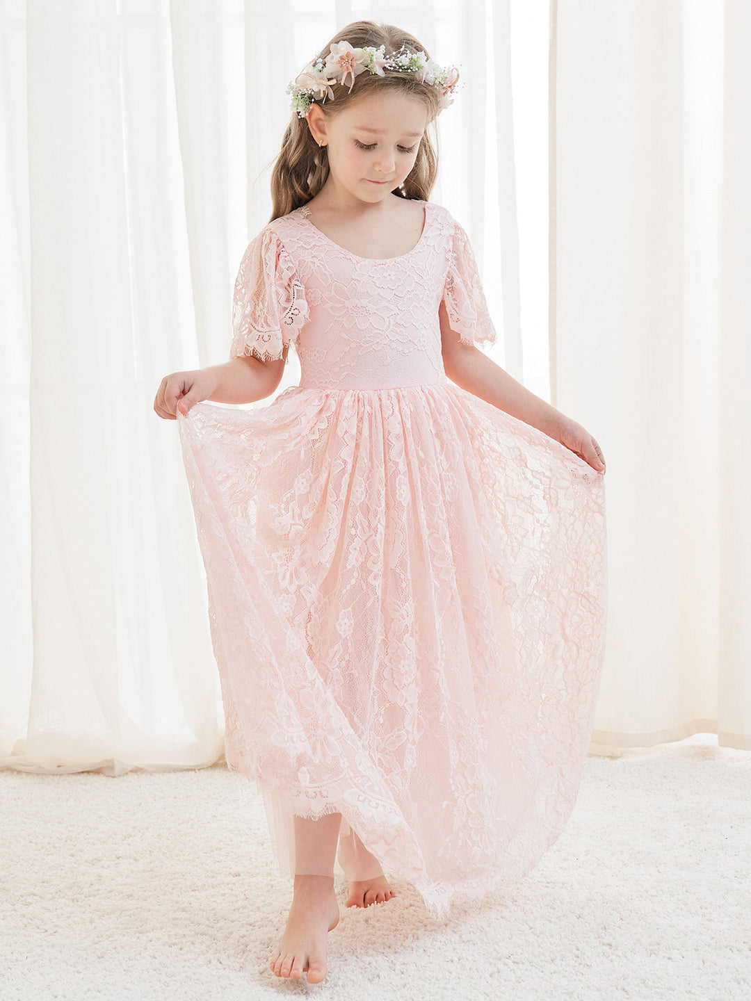 A-line Lace Ankle-length Ivory Boho Flower Girl Dress