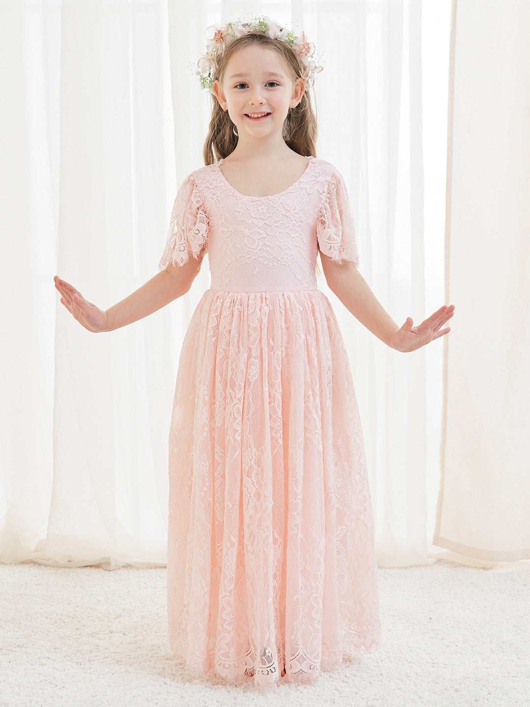 A-line Lace Ankle-length Ivory Boho Flower Girl Dress