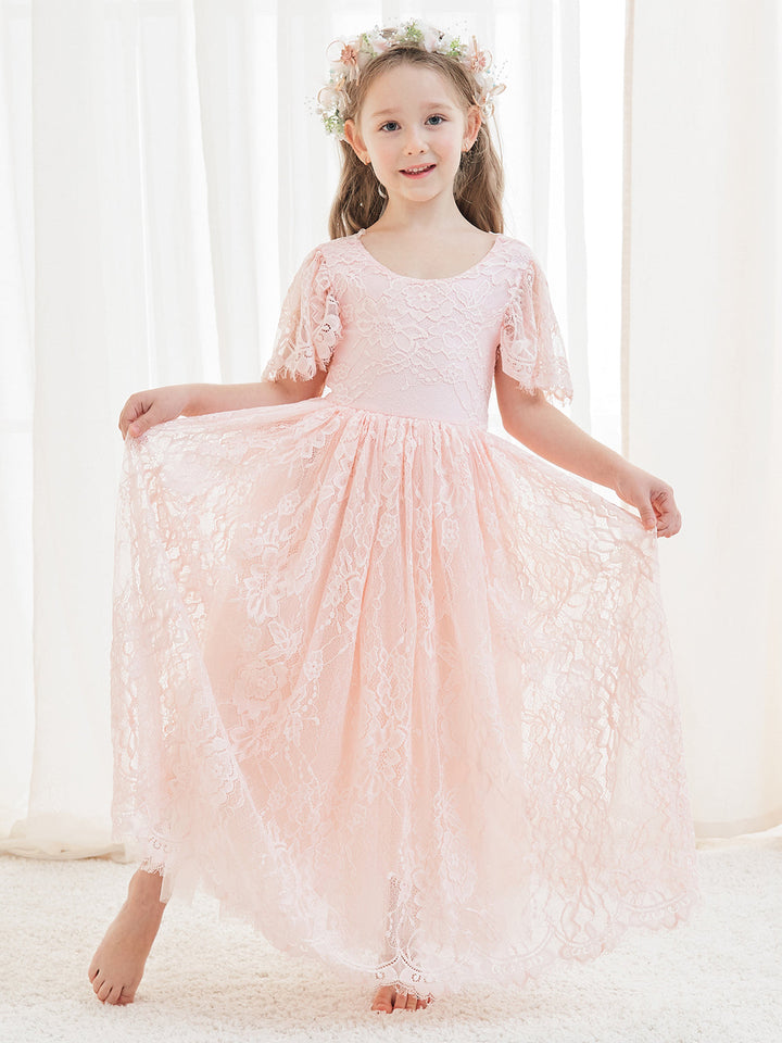 A-line Lace Ankle-length Ivory Boho Flower Girl Dress