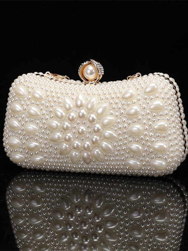 Polyester Solid Colour Pearls Chain Clutch Bags