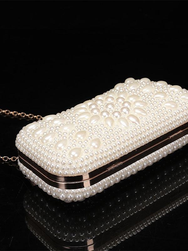 Polyester Solid Colour Pearls Chain Clutch Bags