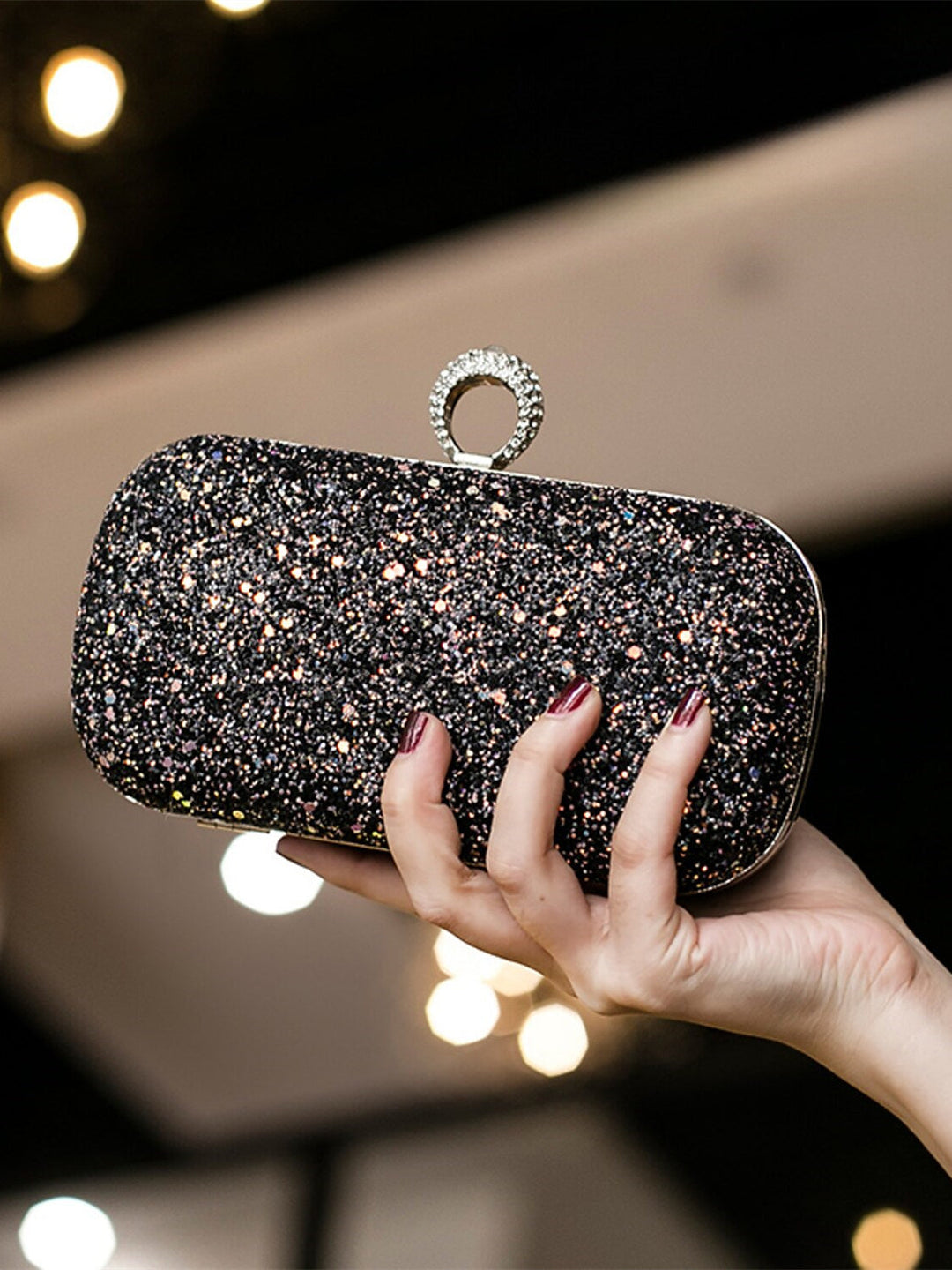 PU Leather Lightweight Large Capacity Durable Solid Colour Rhinestone Clutch Bags