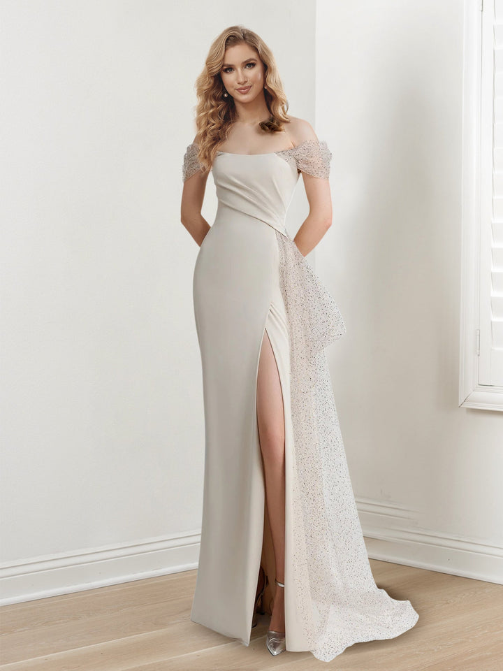 Sheath/Column Off-The-Shoulder Short Sleeves Floor-Length Long Evening Dresses with Split Side