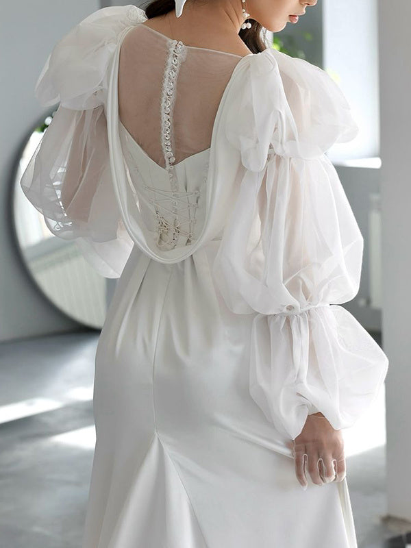 Sheath/Column Square Neckline Long Sleeves Sweep Train Satin Chiffon Wedding Dresses