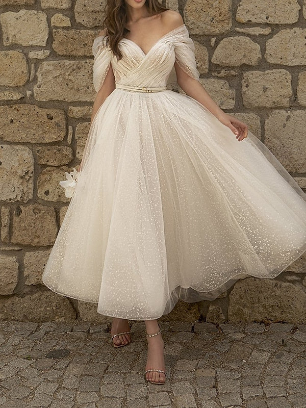 A-Line/Princess Off Shoulder Short Sleeve Tea Length Wedding Dress With Ruched