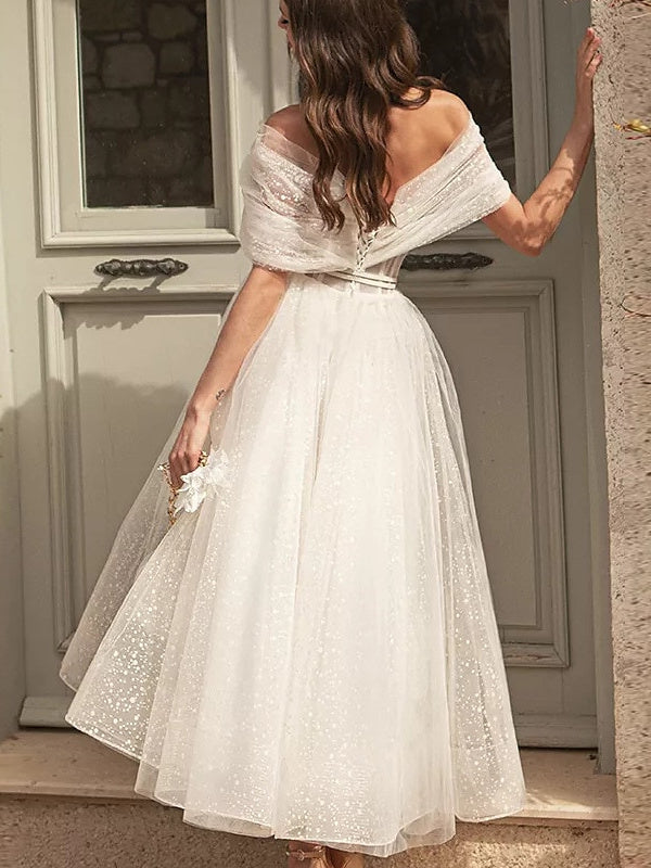 A-Line/Princess Off Shoulder Short Sleeve Tea Length Wedding Dress With Ruched