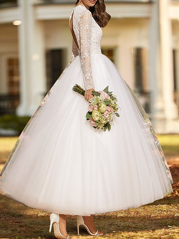 Ball Gown Lace Satin Tulle Scoop Long Sleeve Ankle Length Appliques Solid Colour Wedding Dress