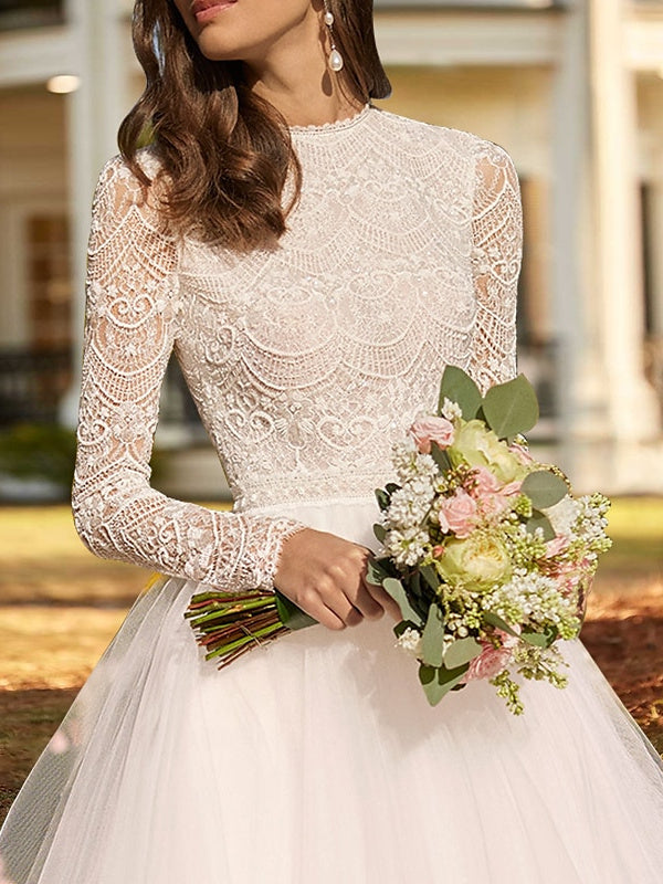 Ball Gown Lace Satin Tulle Scoop Long Sleeve Ankle Length Appliques Solid Colour Wedding Dress