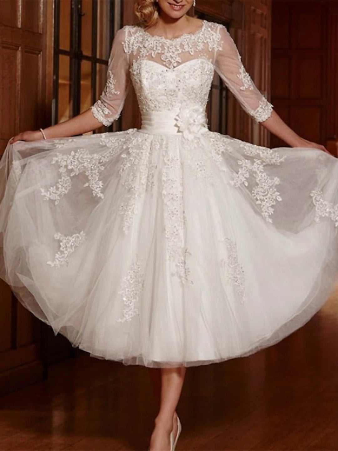 A-Line/Princess Lace Tulle Illusion Neck 3/4 Length Sleeve Tea Length Appliques Wedding Dress