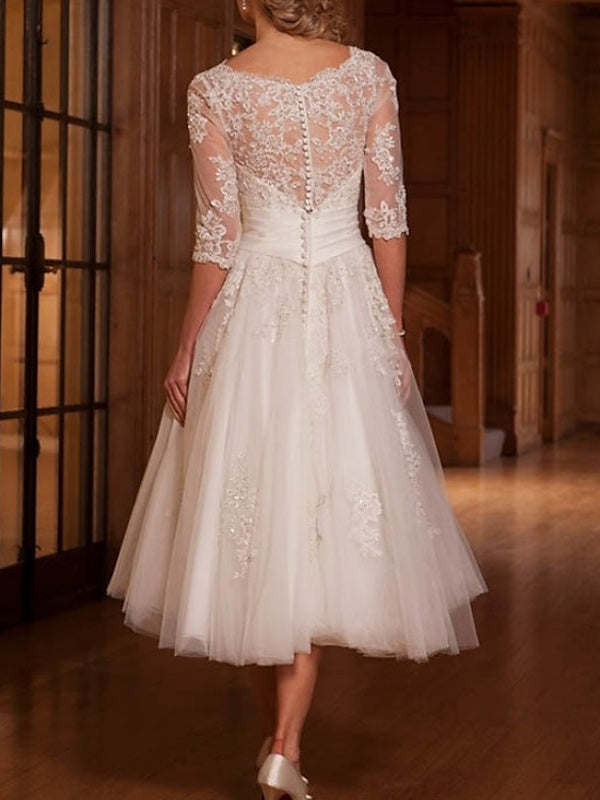 A-Line/Princess Lace Tulle Illusion Neck 3/4 Length Sleeve Tea Length Appliques Wedding Dress