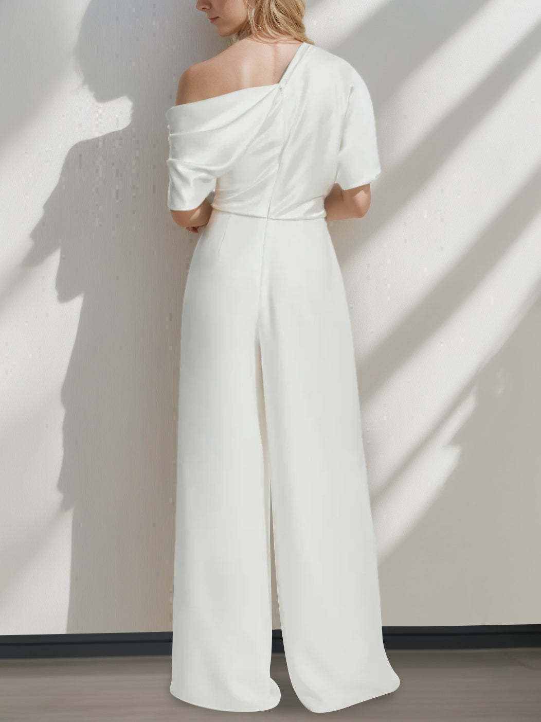 A-Line/Princess One-Shoulder Half Sleeves Floor Length Wedding Pantsuits With Ruffles