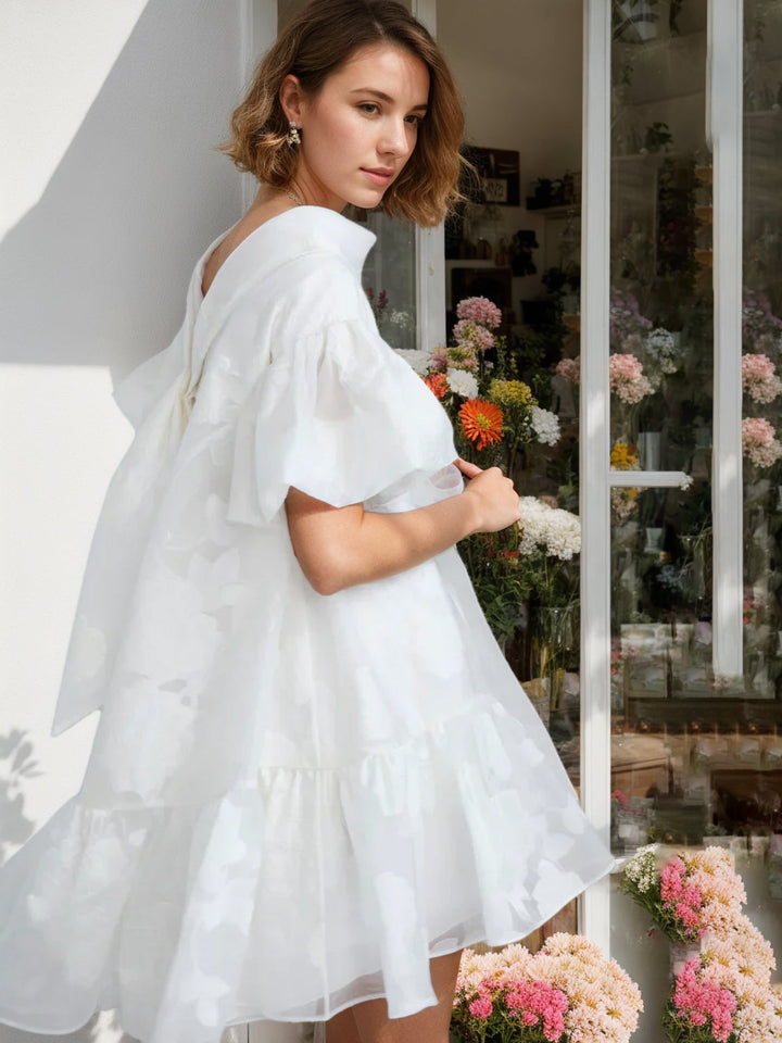 A-Line/Princess Round Short Sleeves Asymmetrical Wedding Dress With Bowknot