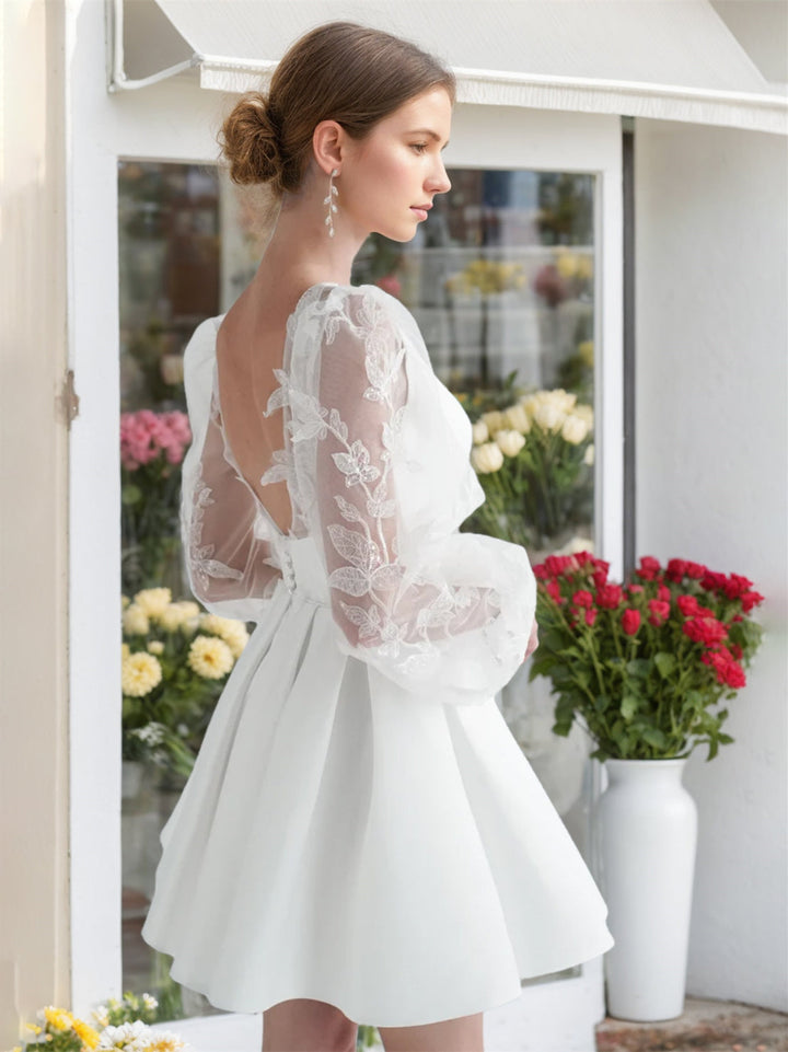 A-Line/Princess V-Neck Long Sleeves Mini Lace Wedding Dress