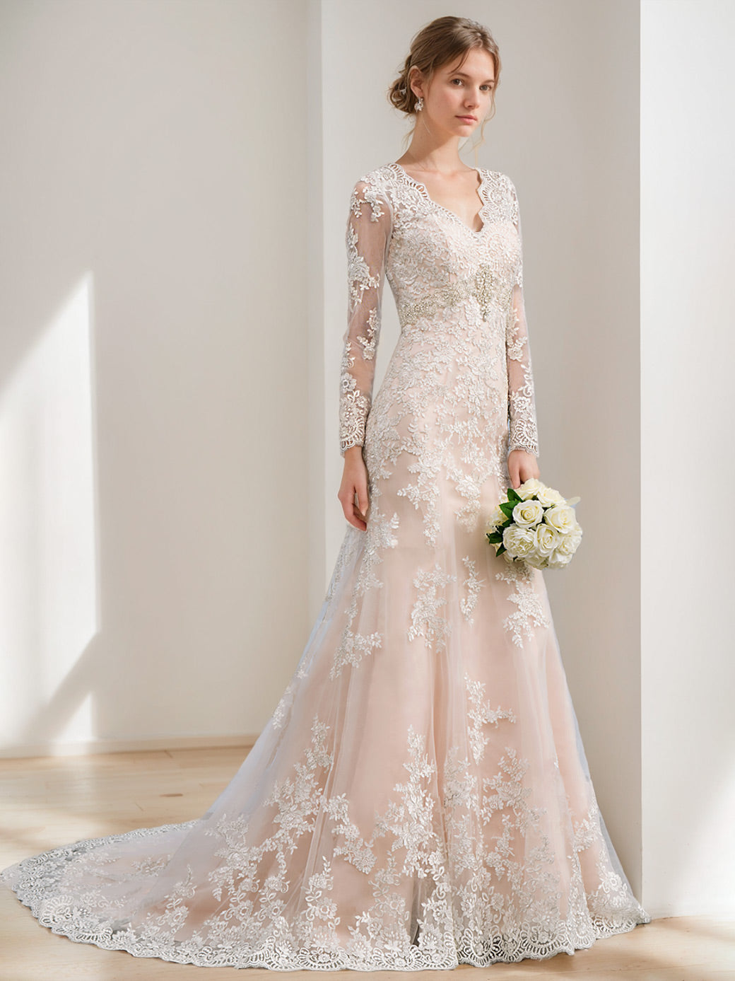 A-Line/Princess Long Sleeves Floor Length Wedding Dress with Appliques