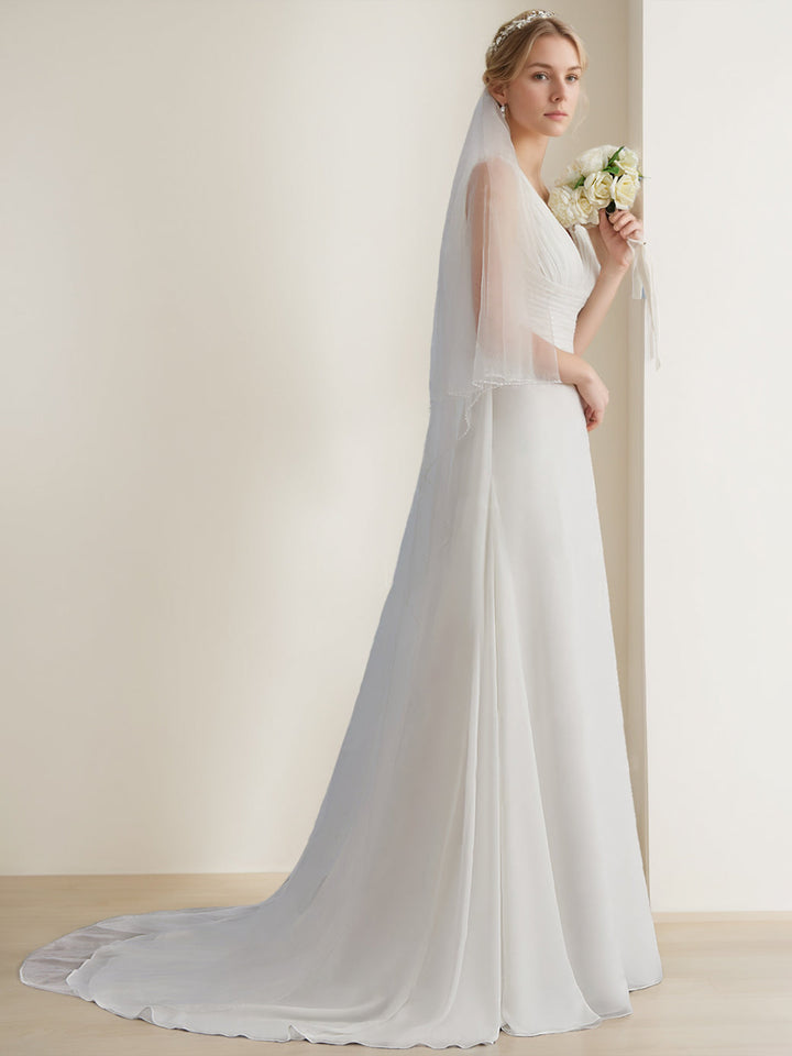 A-Line/Princess V-Neck Sleeveless Floor-Length Long Tulle Wedding Dress with Ruffles