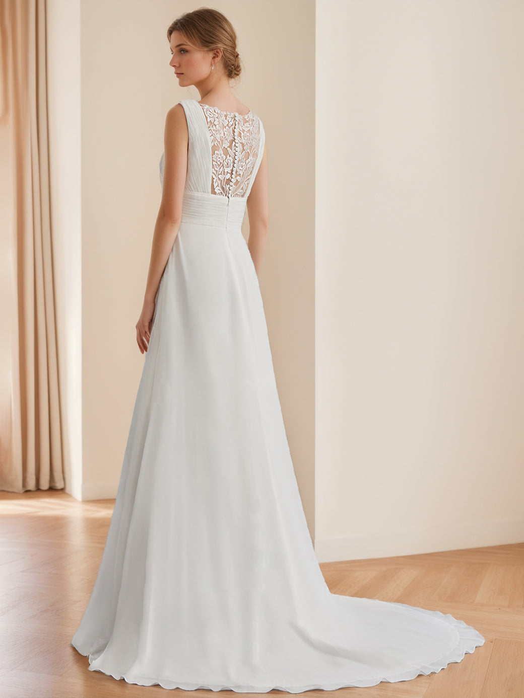 A-Line/Princess V-Neck Sleeveless Floor-Length Long Tulle Wedding Dress with Ruffles