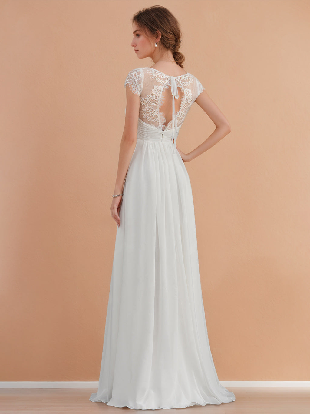 A-Line/Princess V-Neck Short Sleeves Floor-length Lace Wedding Dress with Ruffles