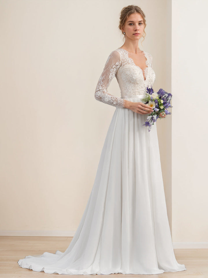 A-Line/Princess V-Neck Long Sleeves Floor Length Lace Wedding Dress with Appliques