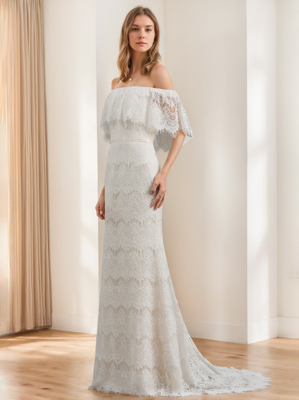 A-Line/Princess Off-the-Shoulder Floor-Length Lace Wedding Dress