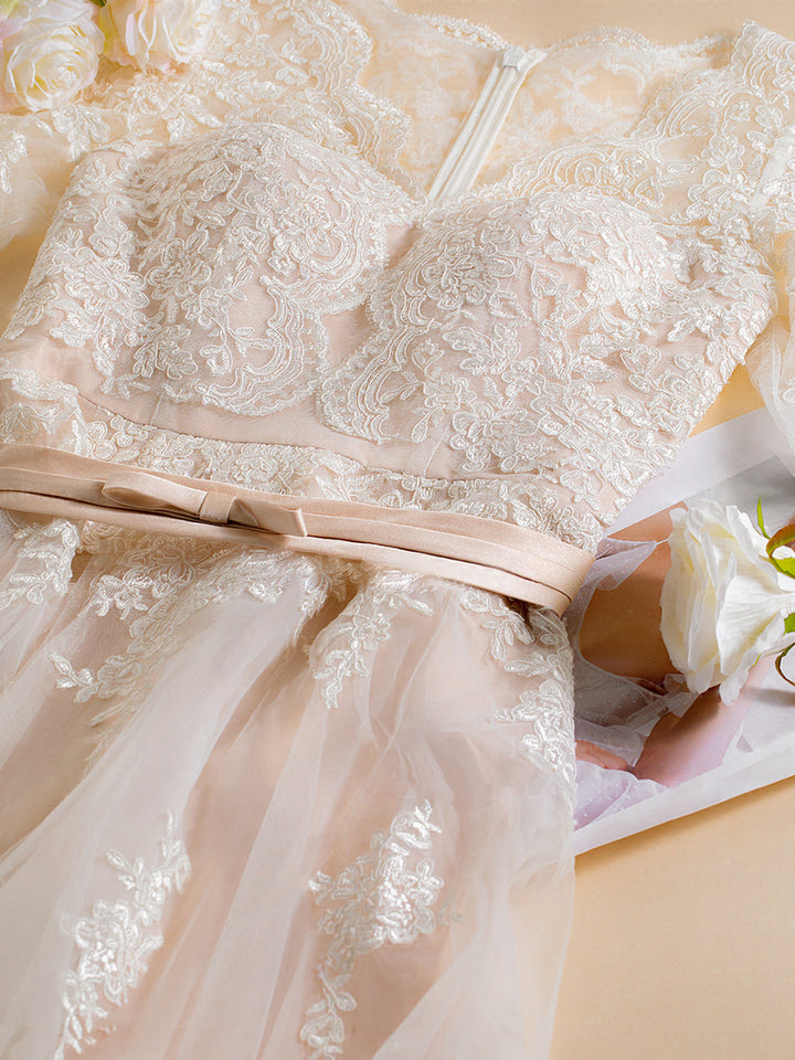 A Line/Princess V-Neck 3/4 Length Sleeves Asymmetrical Wedding Dress with Lace Embroidery