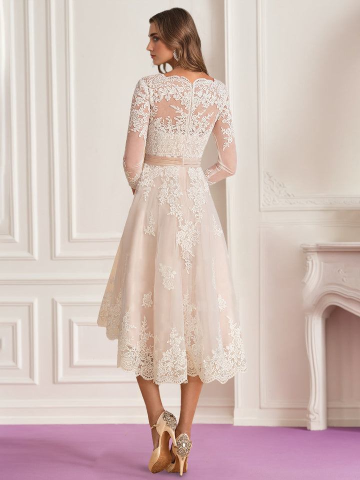 A Line/Princess V-Neck 3/4 Length Sleeves Asymmetrical Wedding Dress with Lace Embroidery