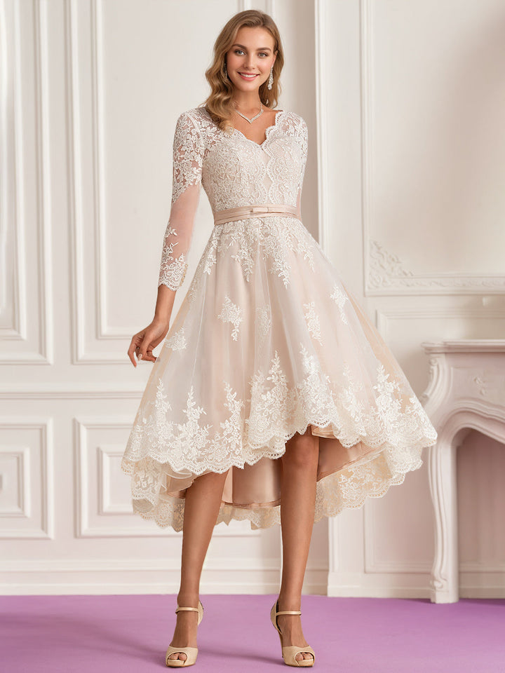 A Line/Princess V-Neck 3/4 Length Sleeves Asymmetrical Wedding Dress with Lace Embroidery