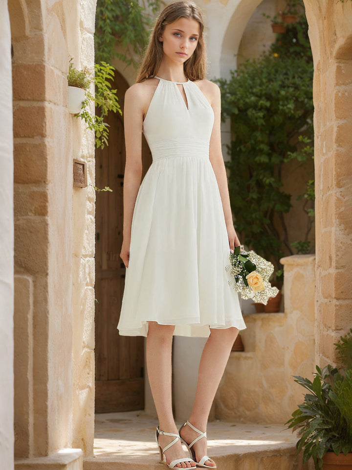 A Line/Princess Halter Neck Sleeveless Knee-Length Wedding Dress with Ruffles