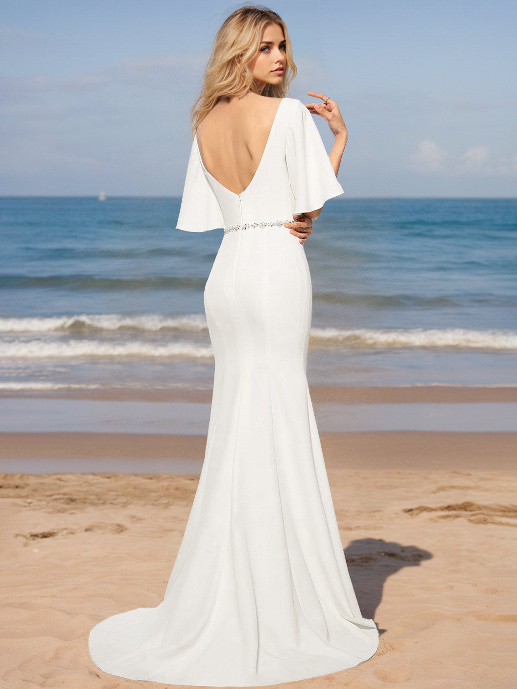 Mermaid/Trumpet V-Neck Half Sleeves Floor-Length Wedding Dresses with Sequins