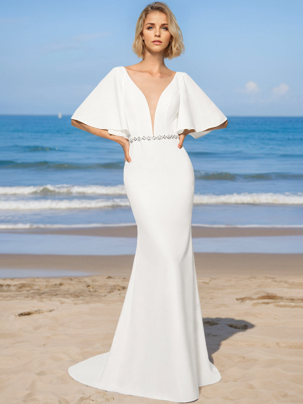 Mermaid/Trumpet V-Neck Half Sleeves Floor-Length Wedding Dresses with Sequins