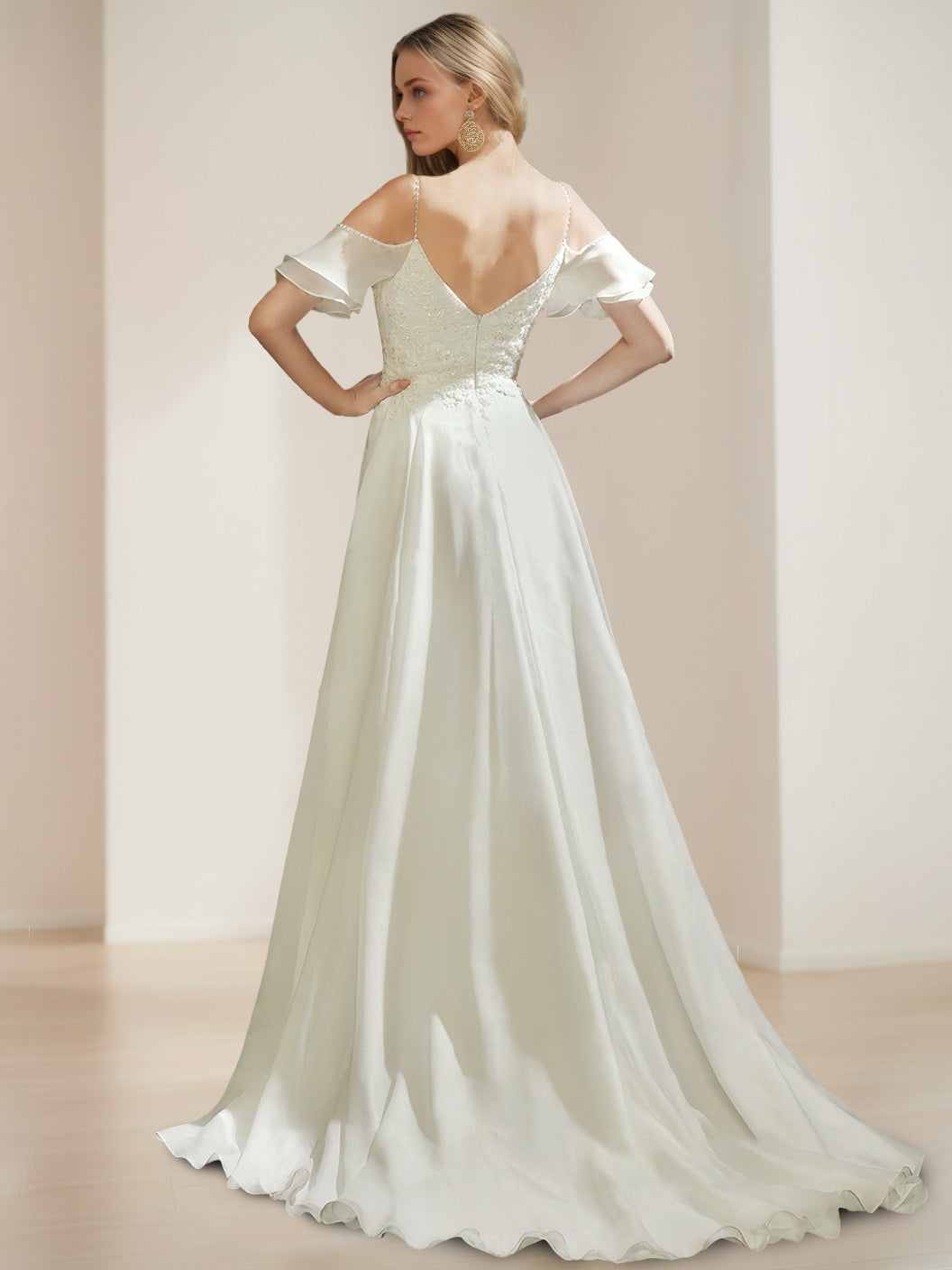 A-Line/Princess Spaghetti Straps Sleeveless Floor-Length Wedding Dress with Appliques & Sequins