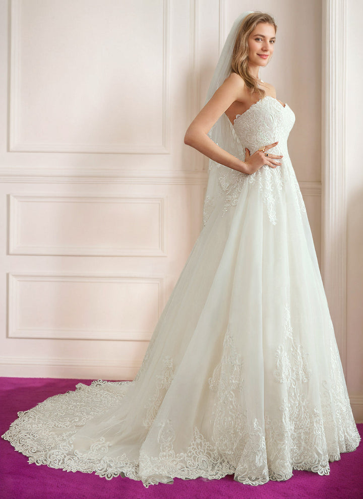 A-Line/Princess Strapless Neckline Sleeveless Floor-Length Wedding Dress with Applique & Lace