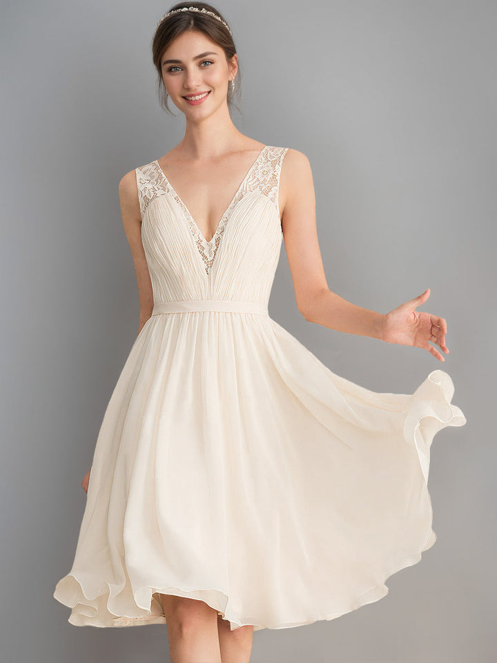 A-Line/Princess Deep V-Neck Sleeveless Knee-Length Wedding Dress with Ruched