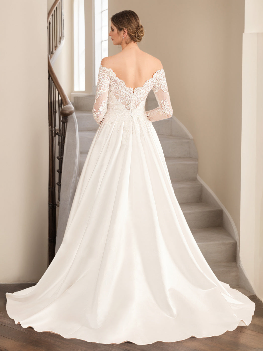 A-Line/Princess Off-the-Shoulder Long-Length Floor-Length Lace Wedding Dress with Appliques