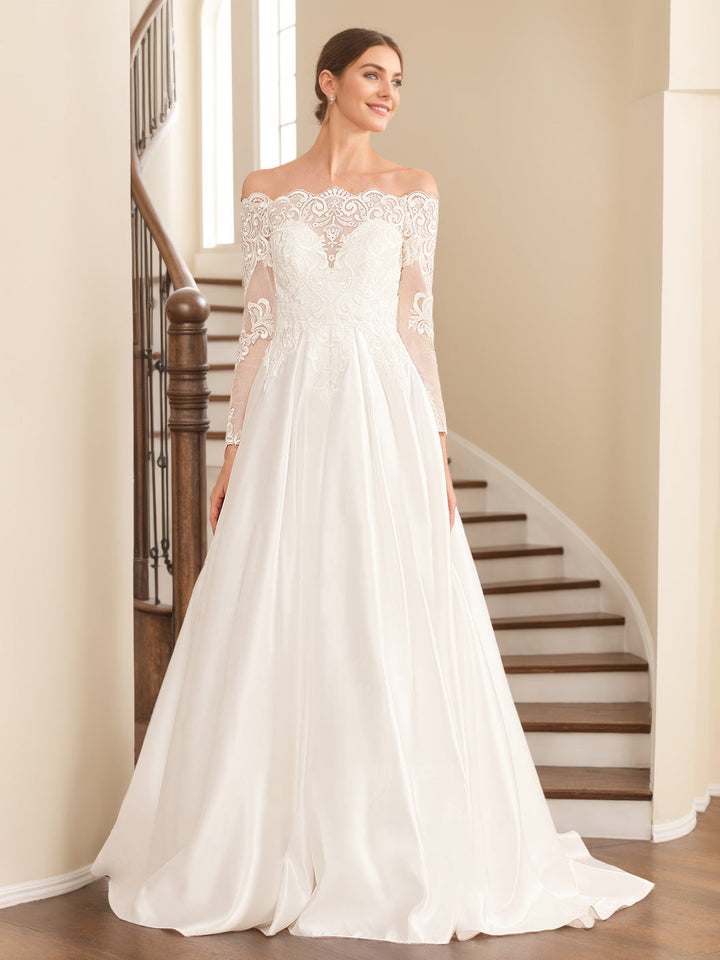 A-Line/Princess Off-the-Shoulder Long-Length Floor-Length Lace Wedding Dress with Appliques