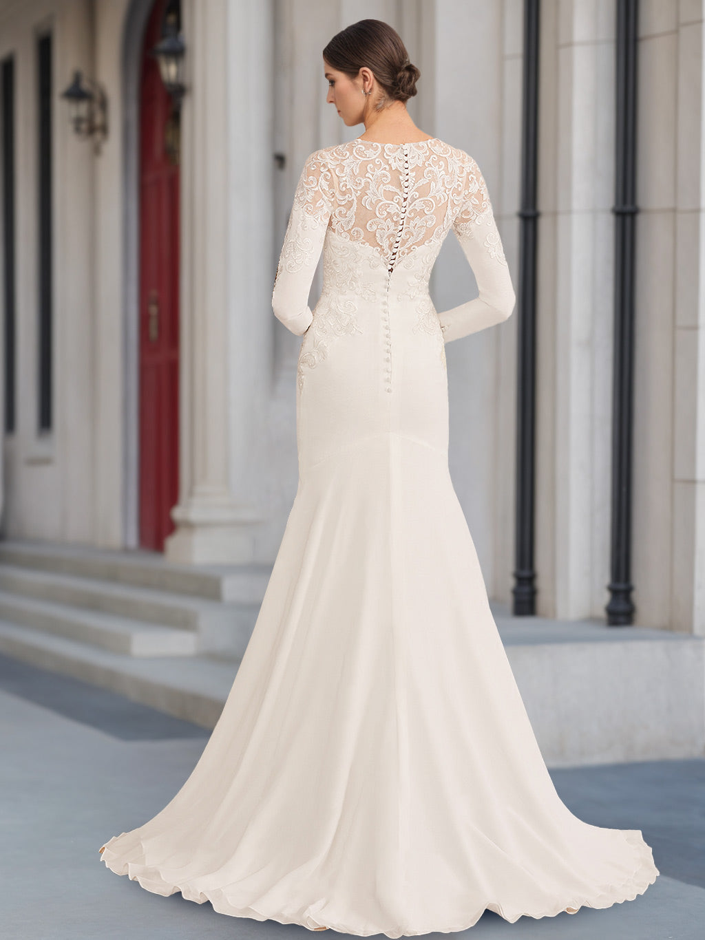 A-Line/Princess Scoop Neck Long Sleeves Floor-length Wedding Dress with Appliques